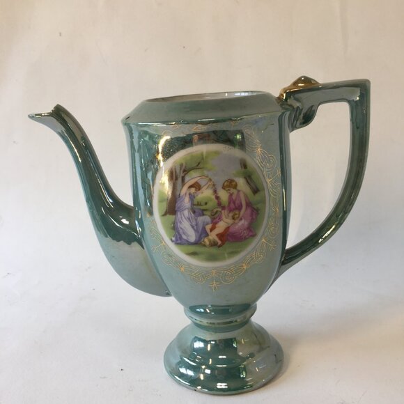 Vintage Victorian Couple Iridescent Porcelain Tea Set Luster Japan Blue Teapot - Picture 13 of 16